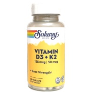 Vista delantera del vitamina D3 y K2 60 cápsulas Solaray en stock
