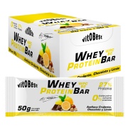 Vista frontal del barrita Whey Protein Bar by Torreblanca (caja) Chocolate y Limón VitOBest en stock