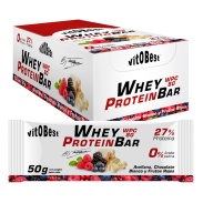 Vista delantera del barrita Whey Protein Bar by Torreblanca (caja) Chocolate blanco y Frutos rojos VitOBest en stock